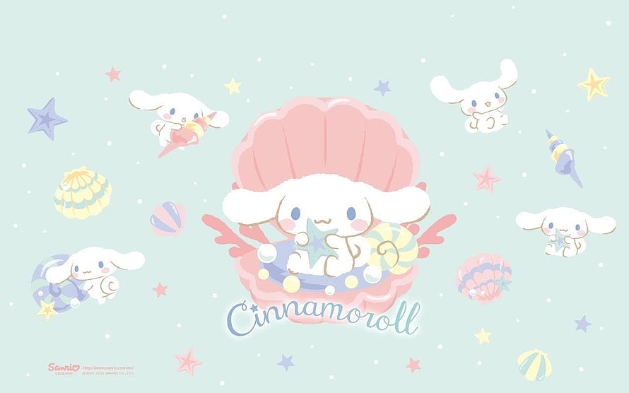 Cinnamoroll in a Pink Seashell with Stars and Ocean Shells on a Mint Background HD wallpaper