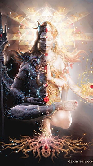 Divine Shiva Dual Nature Meditation Artwork with Chakra Energy Flow HD phone wallpaper