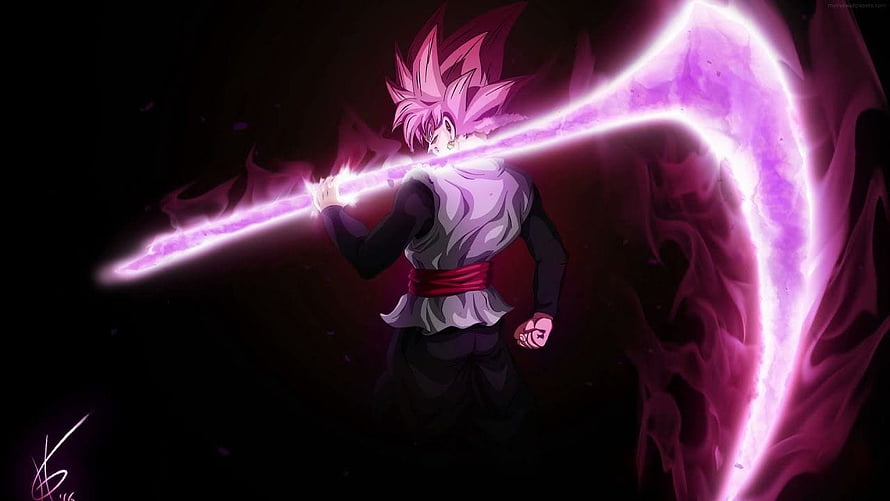 Goku Black Super Saiyan Rose Wielding Purple Energy Scythe in Dark Void HD wallpaper