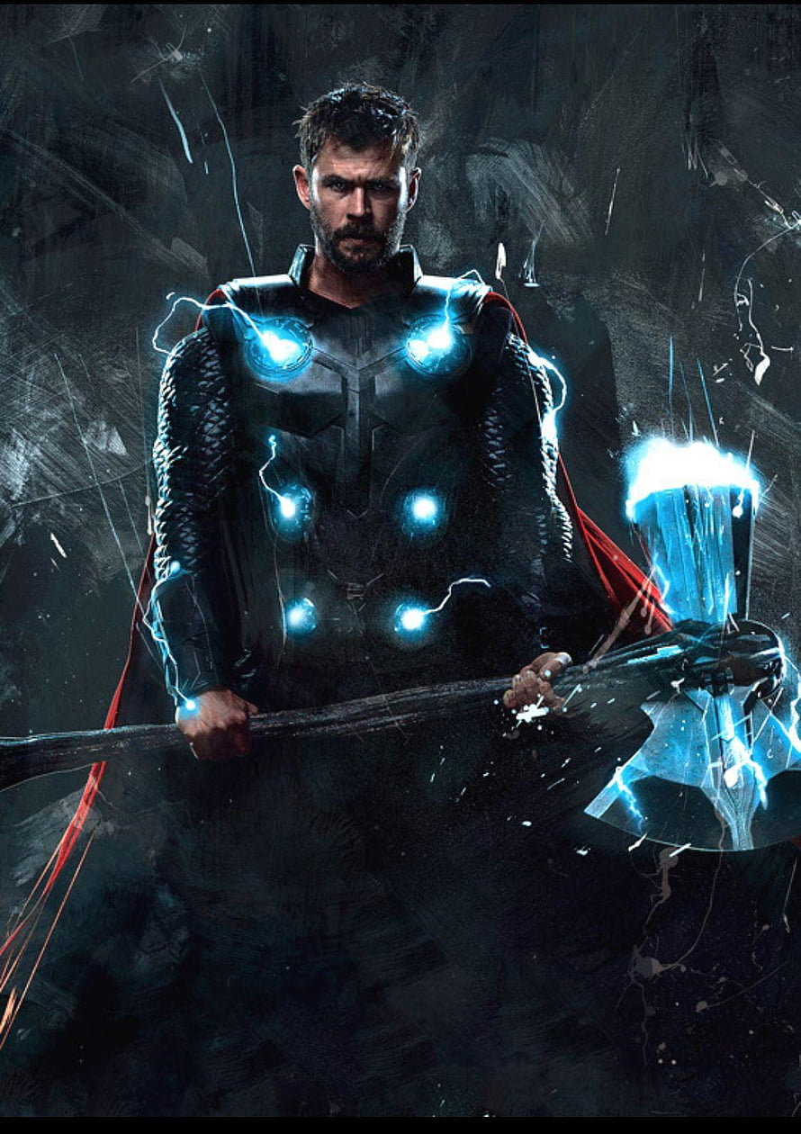 Thor Wielding Stormbreaker Axe with Blue Lightning and Red Cape in Dark Cinematic Style HD phone wallpaper
