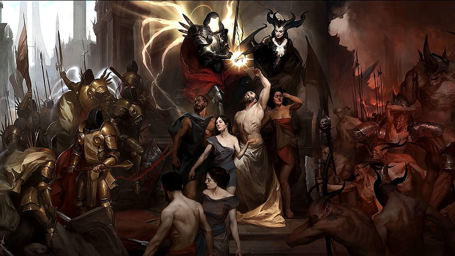 Diablo IV Epic Fantasy Battle Scene With Armored Warriors And Demonic Forces HD wallpaper