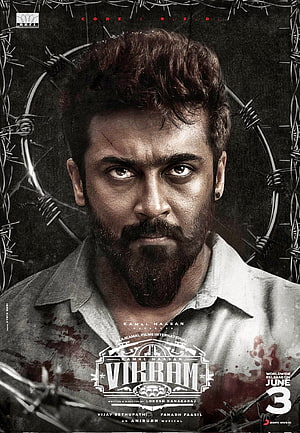 Vikram Movie Poster Featuring Intense Male Portrait with Barbed Wire and Blood Splatter HD phone wallpaper