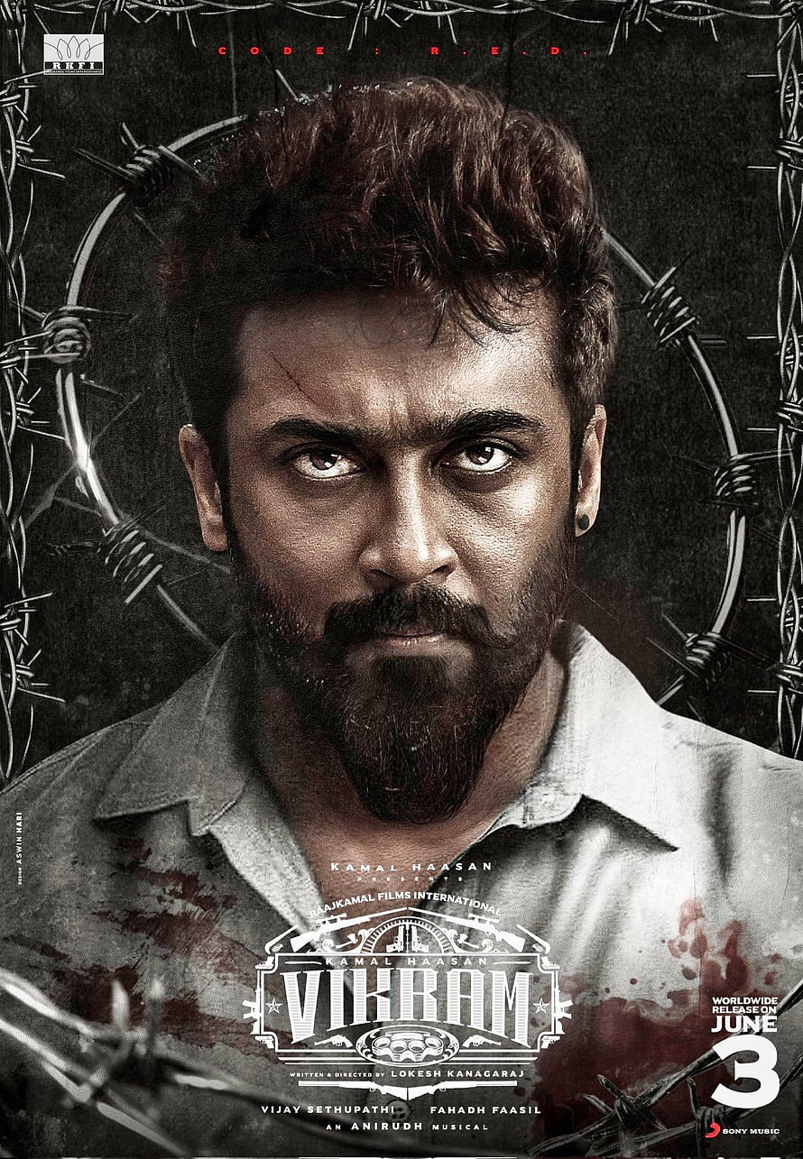 Vikram Movie Poster Featuring Intense Male Portrait with Barbed Wire and Blood Splatter HD phone wallpaper