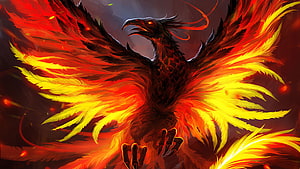 Fiery Phoenix Bird with Blazing Wings and Glowing Eyes in Dark Fantasy Art HD wallpaper