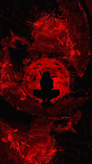 Itachi Uchiha Silhouette Meditating Before a Blood Moon with Crows HD phone wallpaper