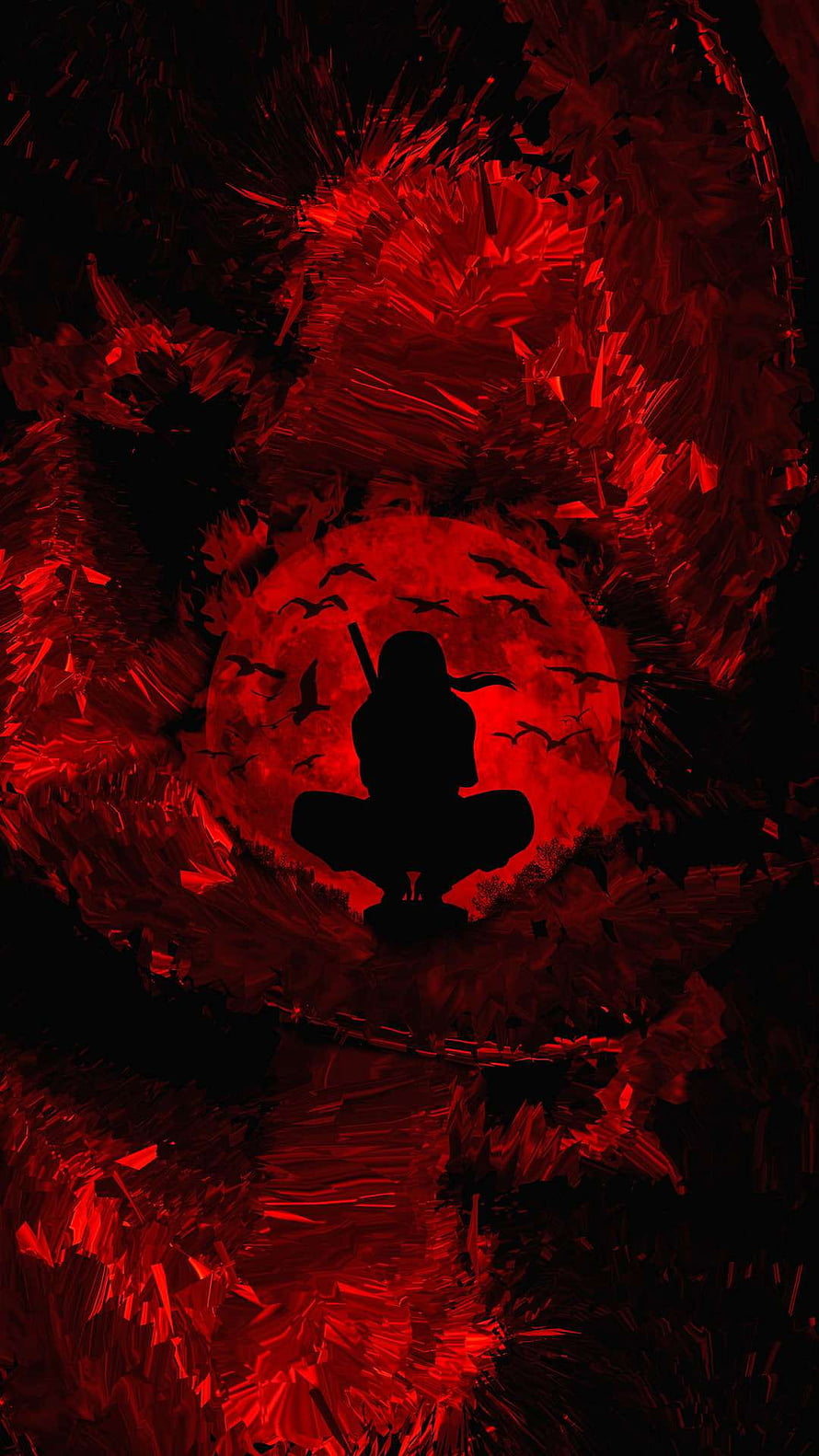 Itachi Uchiha Silhouette Meditating Before a Blood Moon with Crows HD phone wallpaper