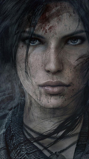 Lara Croft Close-Up Portrait with Blood and Dirt in Dark Cinematic Style HD phone wallpaper