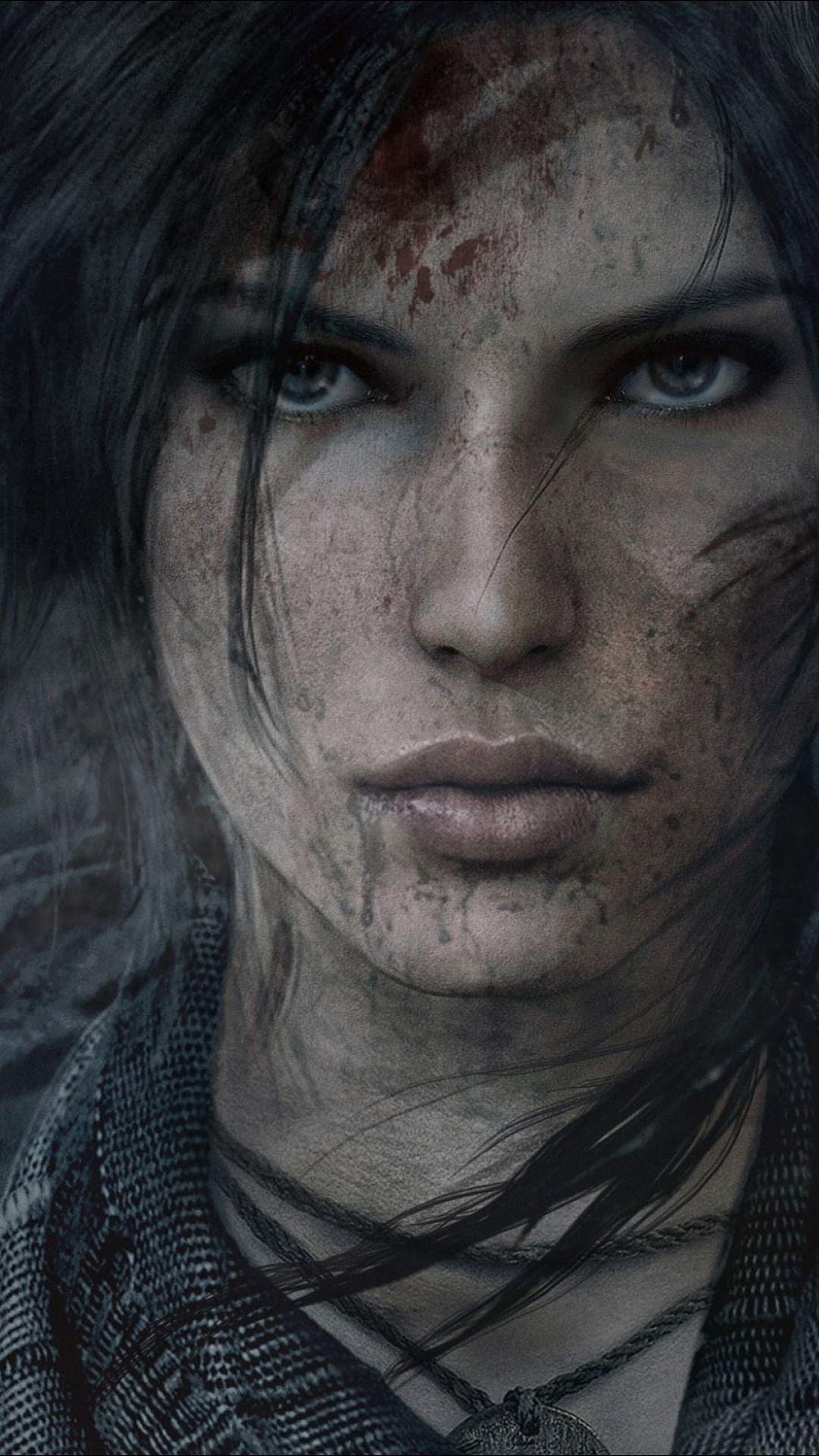 Lara Croft Close-Up Portrait with Blood and Dirt in Dark Cinematic Style HD phone wallpaper