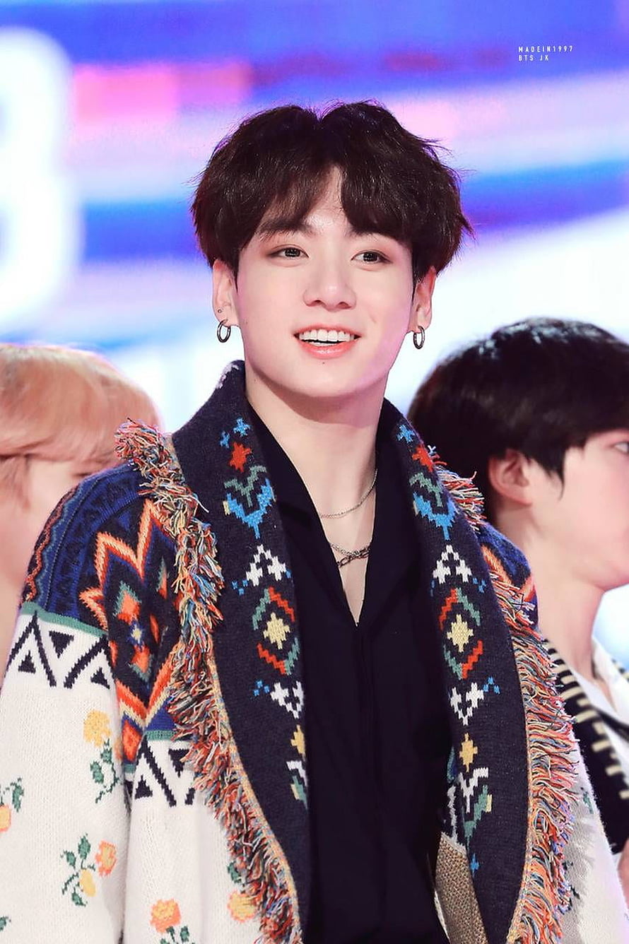BTS Jungkook Smiling in Colorful Patterned Knit Cardigan at Awards Ceremony HD phone wallpaper