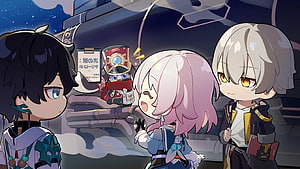 Honkai Star Rail Chibi Characters Interacting on a Spaceship at Night HD wallpaper