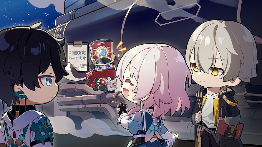 Honkai Star Rail Chibi Characters Interacting on a Spaceship at Night HD wallpaper