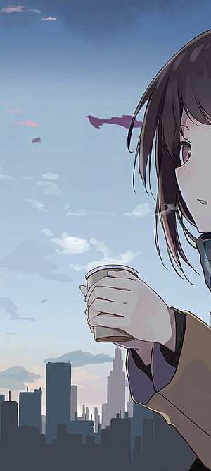 Anime Girl Holding Coffee Cup Against City Skyline at Dusk HD phone wallpaper