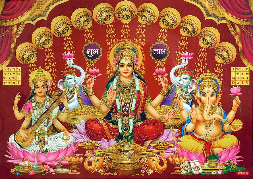 Lakshmi Ganesha Saraswati Triad on Lotus with Gold Kalash and Diya HD wallpaper
