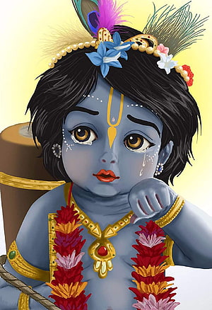 Crying Lord Krishna Digital Art with Peacock Feather Crown and Floral Garland HD phone wallpaper