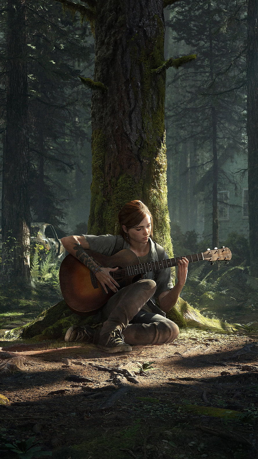Ellie Playing Acoustic Guitar in a Misty Forest from The Last of Us Part II HD phone wallpaper