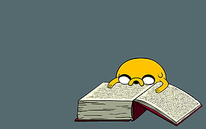 Cute Yellow Cartoon Character Reading an Open Book on a Gray Background HD wallpaper