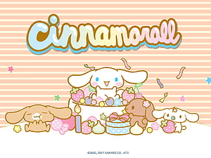 Cinnamoroll Birthday Cake Illustration with Sanrio Characters and Pastel Striped Background HD wallpaper