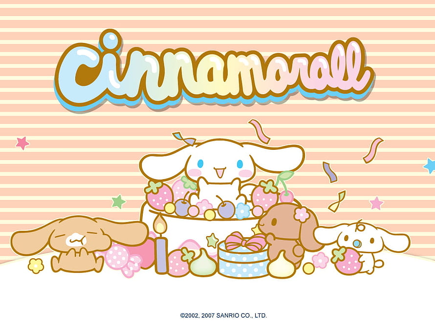 Cinnamoroll Birthday Cake Illustration with Sanrio Characters and Pastel Striped Background HD wallpaper