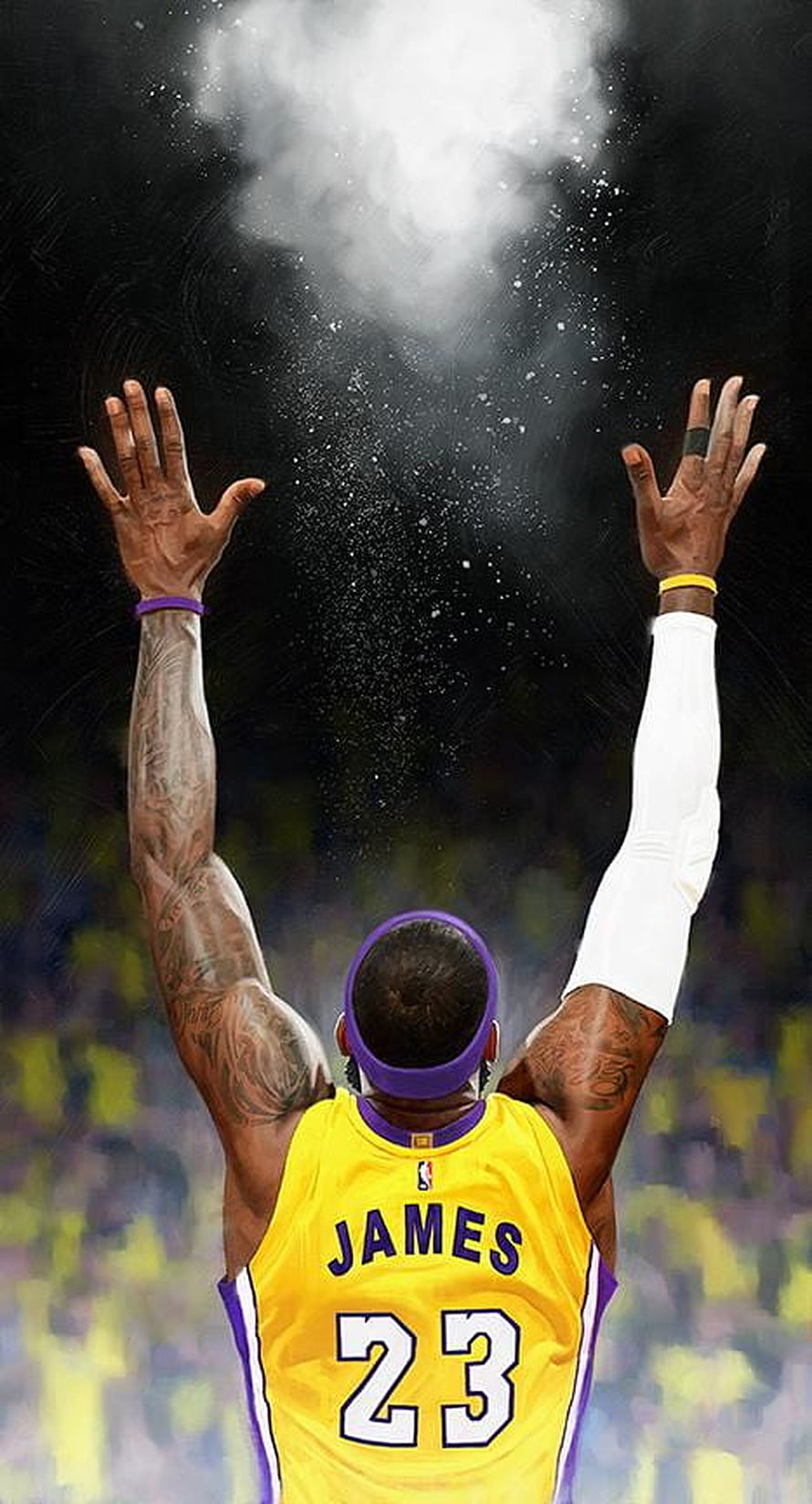 LeBron James Lakers 23 Jersey Back View with Raised Arms and Confetti HD phone wallpaper