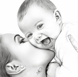 Monochrome Realistic Drawing of a Mother Kissing Her Laughing Baby HD wallpaper