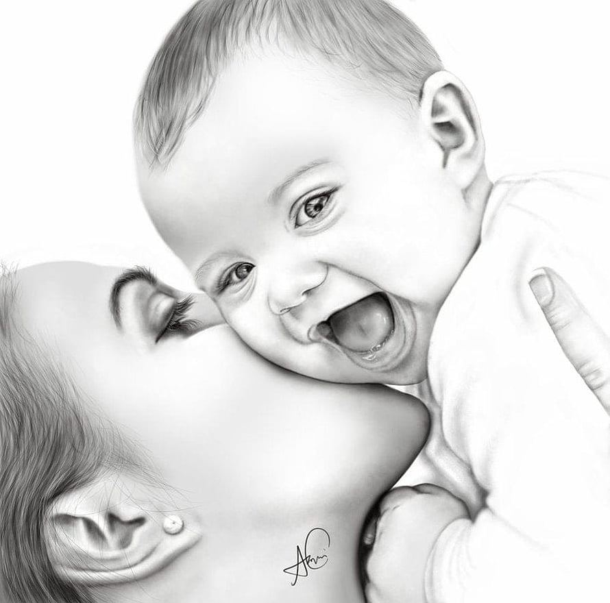 Monochrome Realistic Drawing of a Mother Kissing Her Laughing Baby HD wallpaper