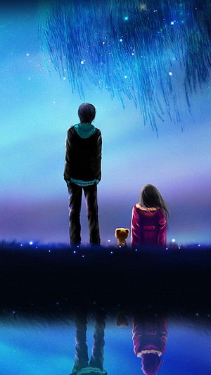 Anime Couple Gazing at Starry Night Sky with Teddy Bear HD phone wallpaper