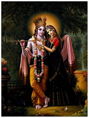 Radha Krishna Playing Flute in a Lush Garden with Floral Garland and Golden Crown HD phone wallpaper