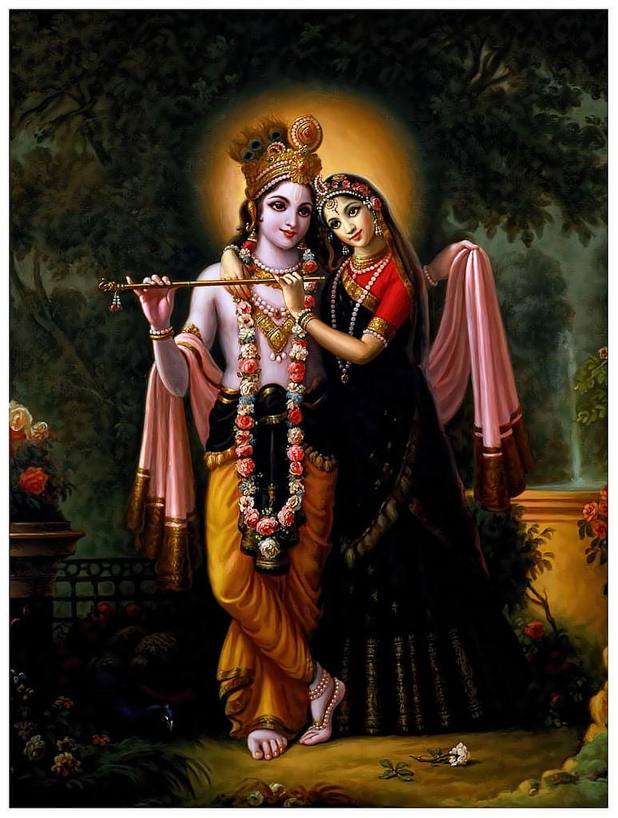 Radha Krishna Playing Flute in a Lush Garden with Floral Garland and Golden Crown HD phone wallpaper