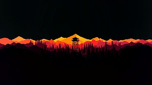Silhouette Watchtower Against Fiery Mountain Sunset in OLED Style HD wallpaper
