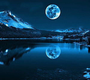 Full Moon Reflected in a Serene Alpine Lake at Night HD wallpaper