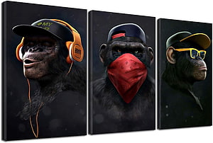Three Panel Canvas Art of Hip Hop Chimps Wearing Headphones, Bandana, and Sunglasses HD wallpaper