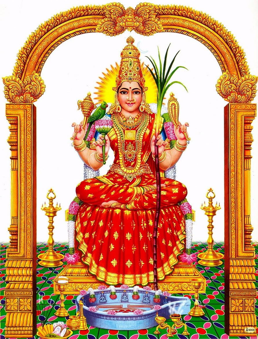 Lalitha Devi Seated on Golden Throne with Sacred Symbols and Ornate Arch HD phone wallpaper