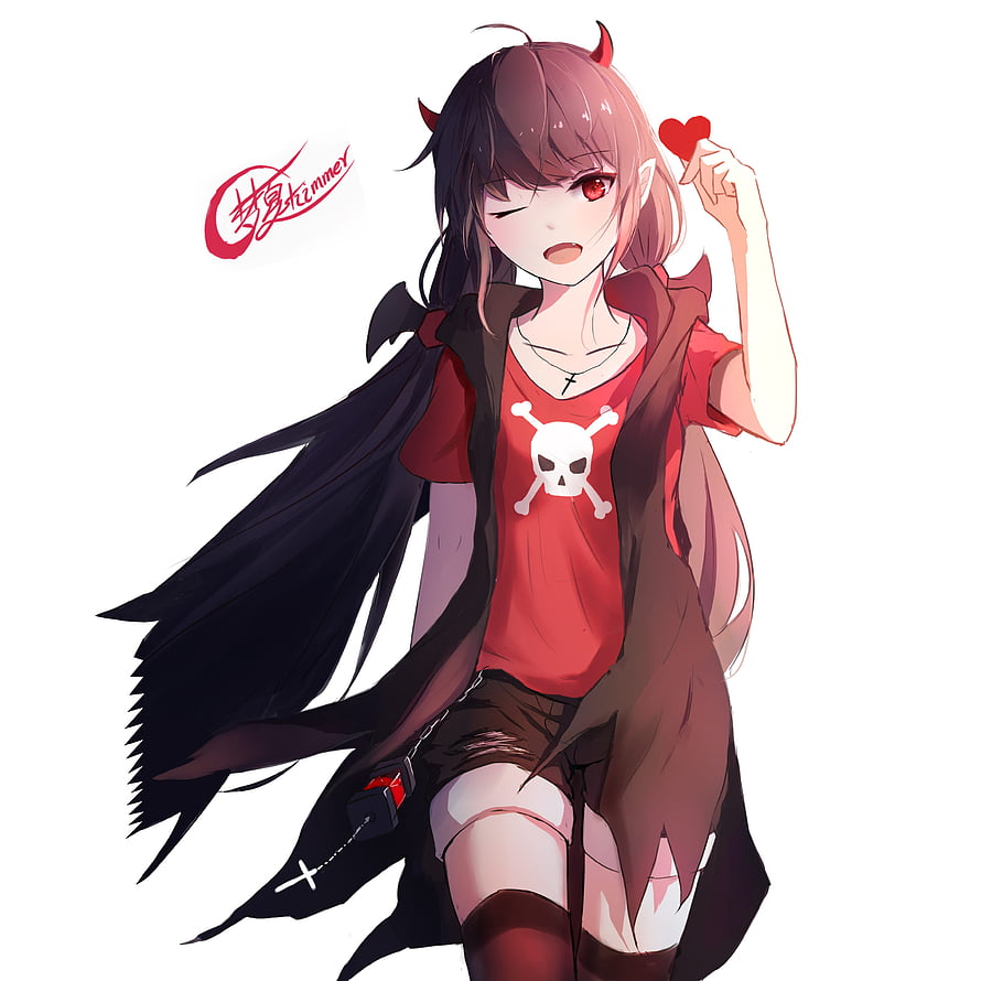 Anime Girl with Devil Horns and Red Skull T-Shirt in Dark Coat HD phone wallpaper
