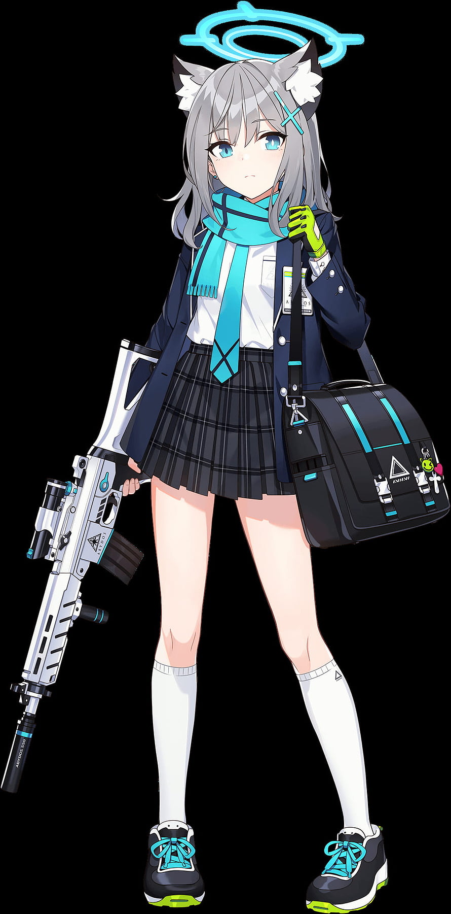 Blue Archive anime girl with wolf ears, glowing halo, school uniform, and futuristic rifle on black background HD phone wallpaper
