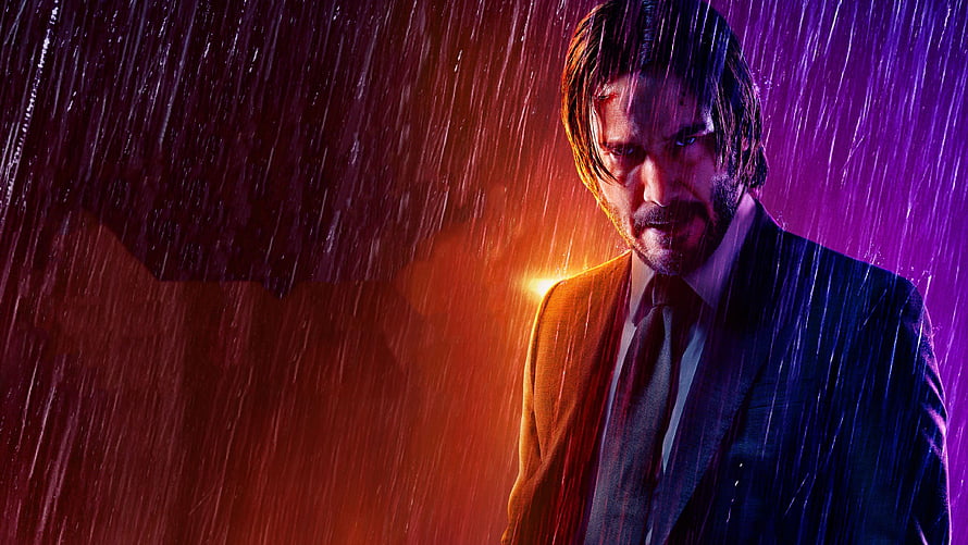 John Wick in the Rain with Neon Lighting and Dramatic Shadow HD wallpaper