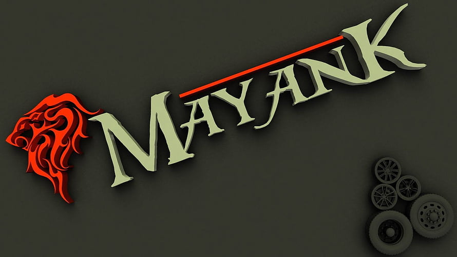 Mayank 3D Logo Design With Red Lion Head And Racing Wheels On Dark Background HD wallpaper