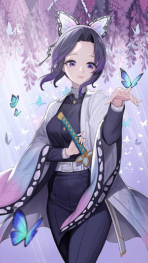 Shinobu Kocho from Demon Slayer in a butterfly-themed illustration with wisteria and floating insects HD phone wallpaper