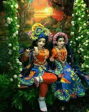 Radha Krishna Playing Flute on a Swing in a Lush Garden at Sunset HD phone wallpaper
