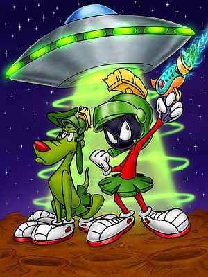 Marvin the Martian and his dog in green space suits beneath a glowing UFO on a starry alien planet HD phone wallpaper