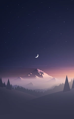Minimalist Night Mountain Landscape with Crescent Moon and Pine Forest Silhouette HD phone wallpaper