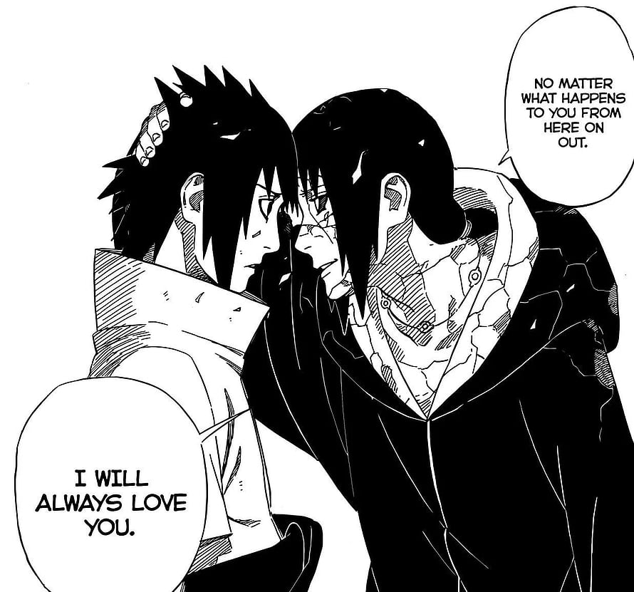 Naruto Manga Panel: Sasuke and Itachi Face to Face in Emotional Black and White Scene HD wallpaper