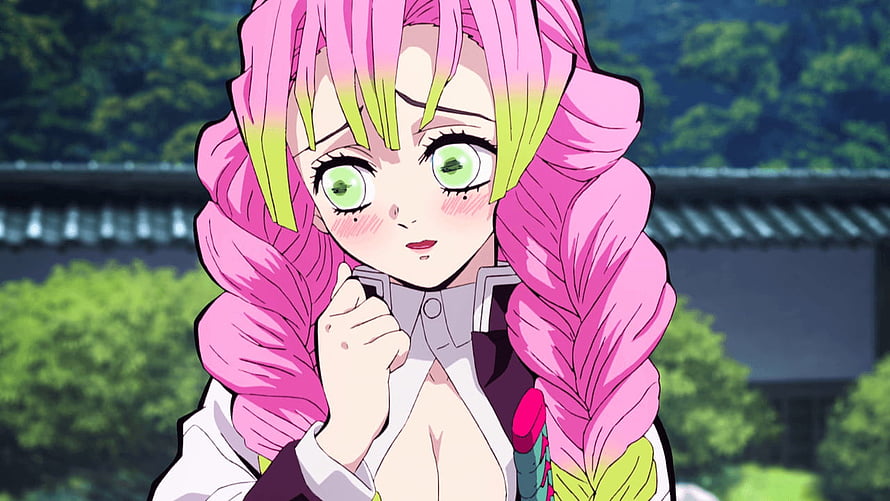 Kanroji Mitsuri from Demon Slayer with pink braided hair and green eyes in a traditional Japanese setting HD wallpaper
