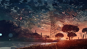 Anime Style Twilight Landscape With Power Lines And Silhouetted Trees HD wallpaper