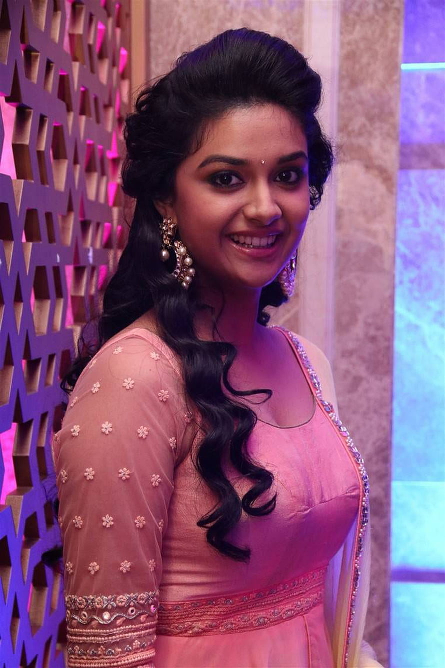 Keerthy Suresh in Pink Anarkali Suit at Remo Movie First Look Launch Event HD phone wallpaper