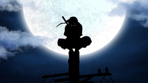 Uchiha Itachi Silhouette Perched on a Pole Against a Giant Full Moon in Naruto Shippuden HD wallpaper