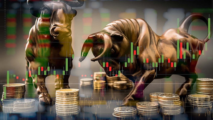 Bull and Bear Statues with Candlestick Charts and Stacked Coins HD wallpaper