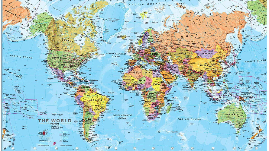 Detailed Political World Map with Country Borders and Ocean Labels HD wallpaper
