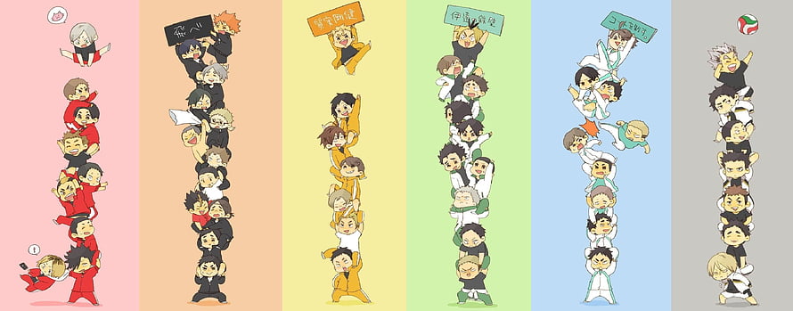 Haikyuu!! Chibi Character Stacks in Colorful Vertical Panels HD wallpaper