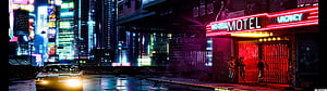 Cyberpunk 2077 Night City Street Scene with Neon Motel Sign and Rainy Road HD wallpaper