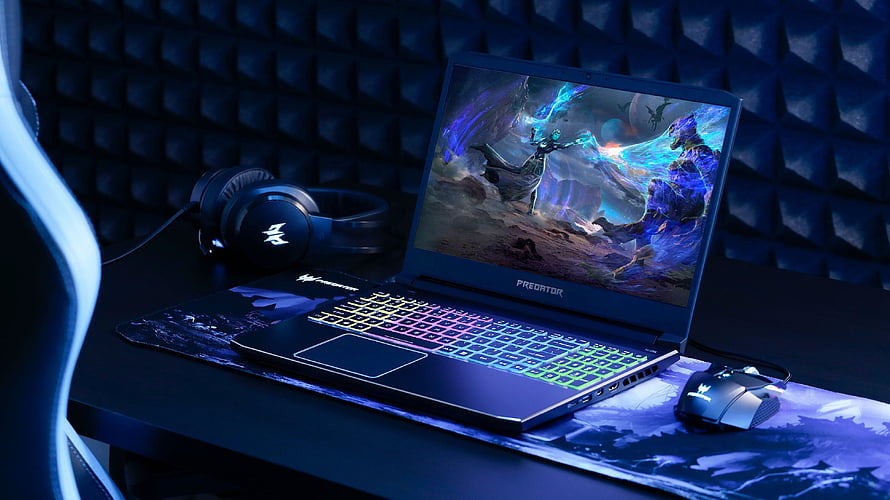Acer Predator Helios 300 gaming laptop setup with RGB keyboard and headset on a dark desk HD wallpaper